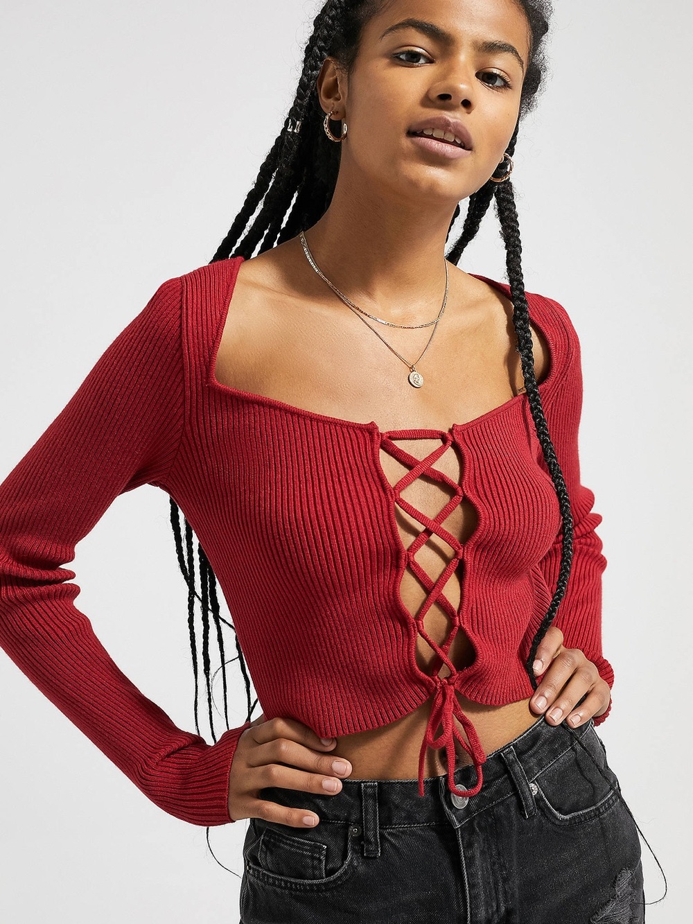 Urban Outfitters Red Ribbed Lace-Up Crop Top